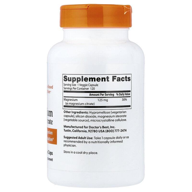 Magnesium citrate supplement bottle back label with Supplement Facts and ingredients