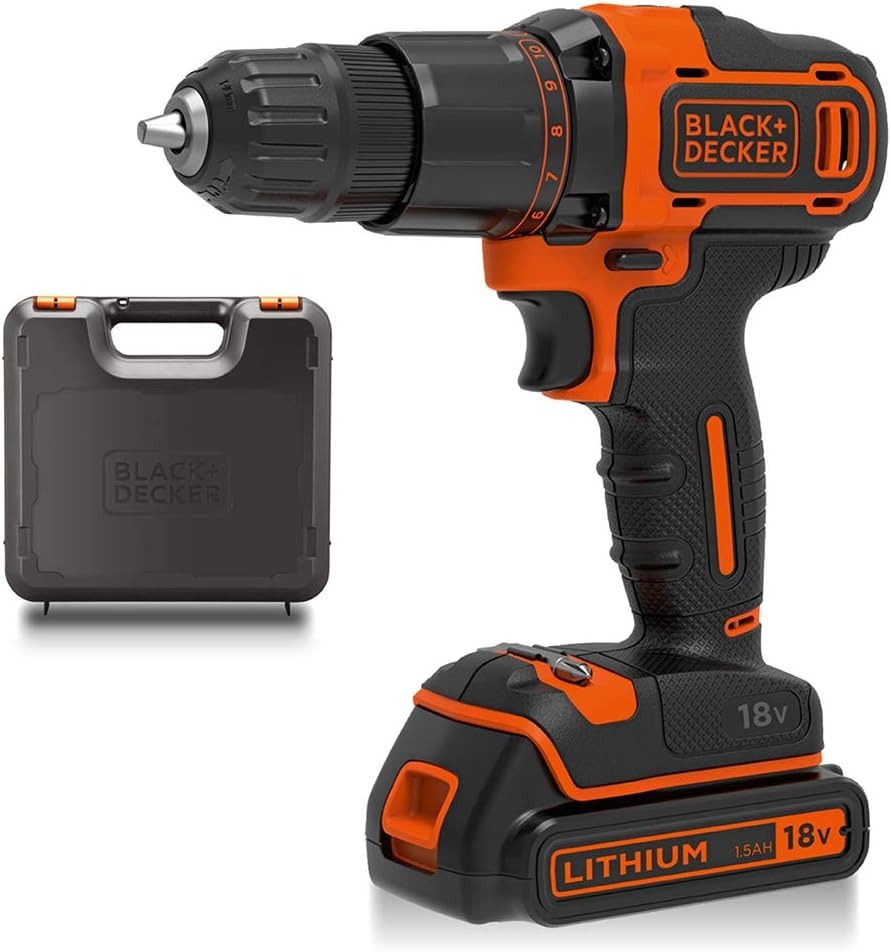 BLACK+DECKER Cordless Hammer Drill,18V, 1.5Ah Li-Ion Battery, 10 Torque Settings, 21,000 BPM, Variable Speed, Keyless Chuck, Includes Kitbox, for Wood, Metal, Masonry, Orange - BCD700S1K-GB