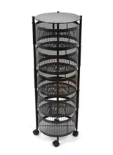 Rotating storage rack with black mesh cylinder shelves
