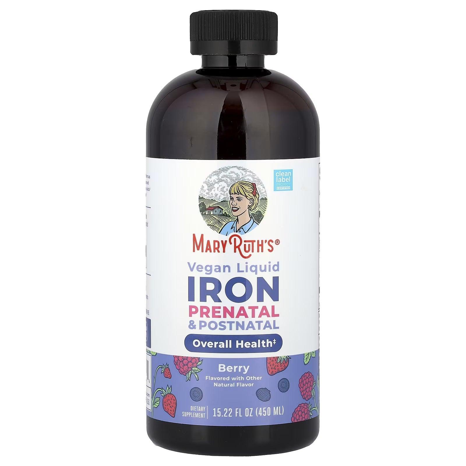MaryRuth's vegan liquid iron bottle, berry flavor, dark bottle with black cap