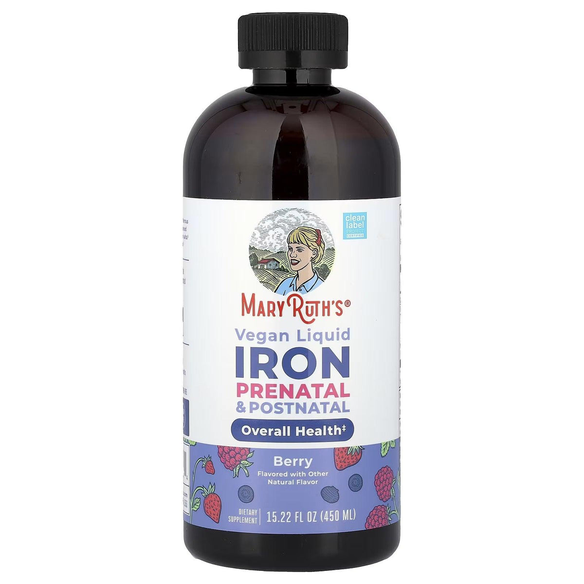 MaryRuth's vegan liquid iron bottle, berry flavor, dark bottle with black cap