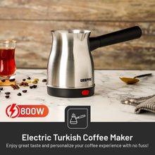 Geepas electric Turkish coffee maker, stainless kettle with black base, 800W power
