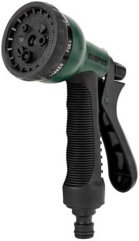 Garden hose sprayer with black trigger handle and green multi-nozzle head