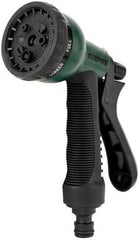 Garden hose sprayer with black trigger handle and green multi-nozzle head