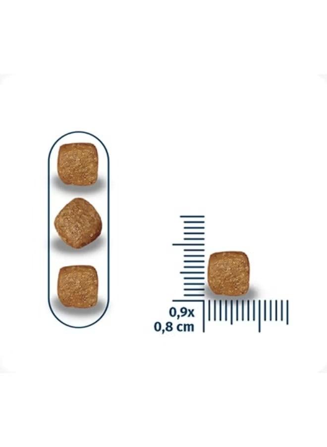 Dry dog kibble pieces with size guide, about 0.9 x 0.8 cm