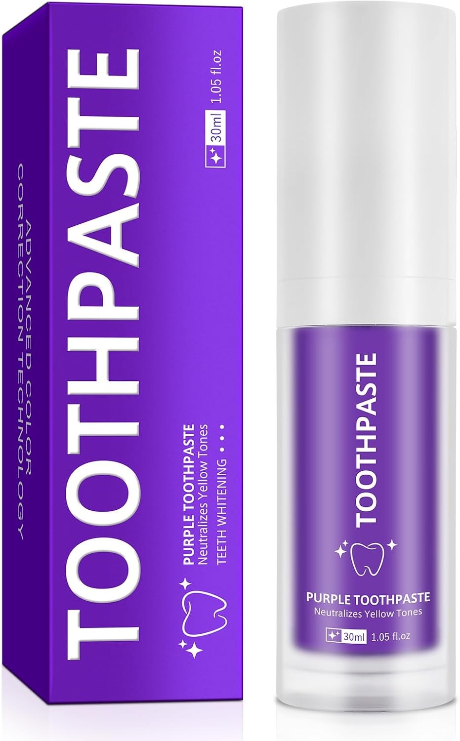 Purple toothpaste and white cylindrical tube, 30ml bottle with purple label