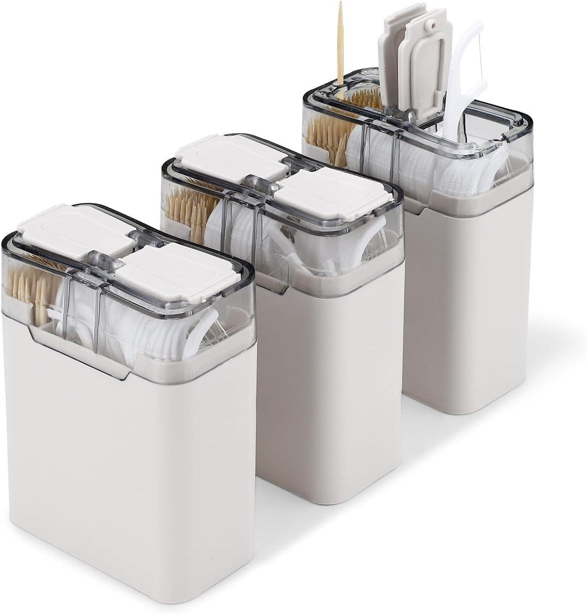 3-pack portable toothpick and floss pick holder dispensers with clear lids, white