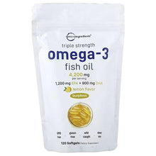 Omega-3 fish oil supplement pouch with lemon flavor softgel image, back label