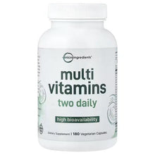 Multi vitamins supplement bottle, white label, flip-top cap, 180 vegetarian capsules