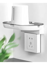 Gray wall-mounted storage rack with outlet socket and white bracket shelves