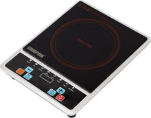 Black infrared cooking hob with circular heating zone and button control panel, top view