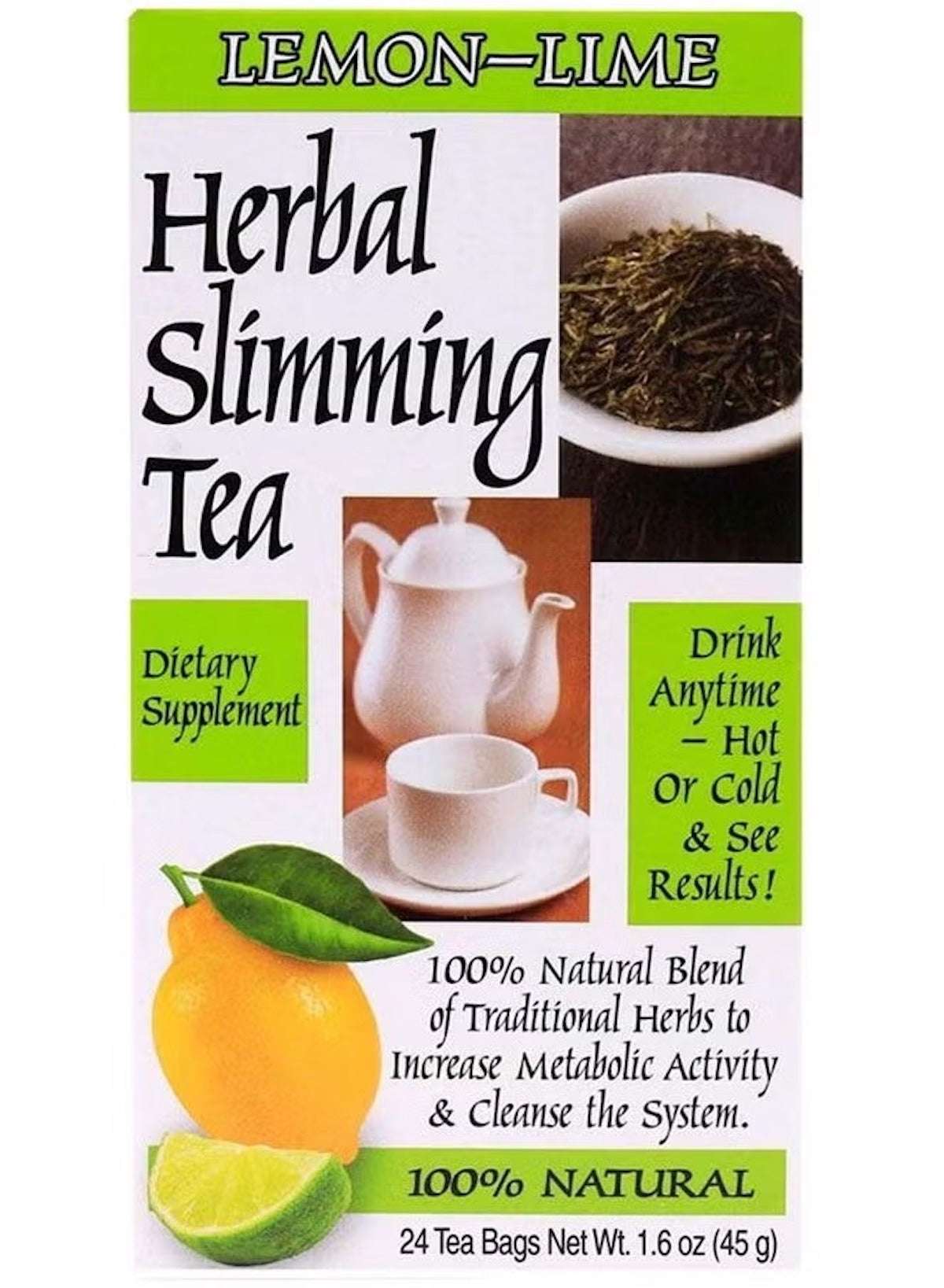 21st Century Herbal Slimming Tea Lemon Lime | 100% Natural Digestive & Weight Loss Support | Caffeine-Free Herbal Blend | 24 Tea Bags (45g)