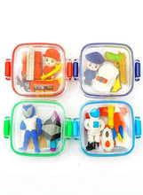 Lunch box-shaped eraser set with four mini character figures in clear cases