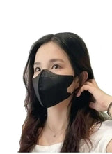 Black 3-ply disposable face mask with elastic ear loops, fitted over nose and mouth