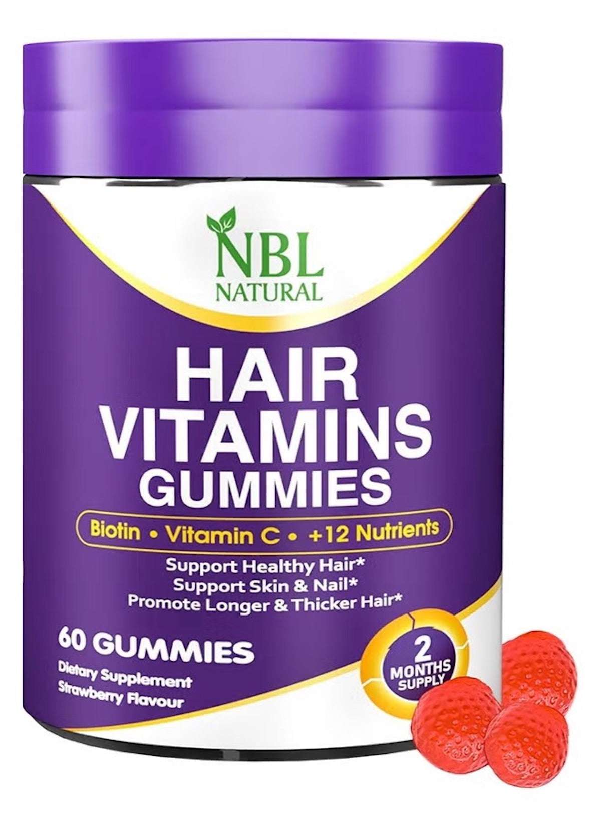 Hair Vitamins 60 Gummies Supplement With Vitamin C, Biotin & Folic Acid For Men & Women