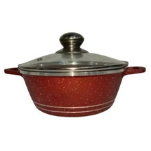 Burgundy cooking pot with clear glass lid, knob top, and stainless rim