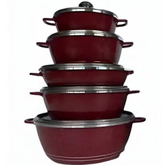 Huitich 10 piece cooking pots with glass lids in red, stacked and ready for kitchen use