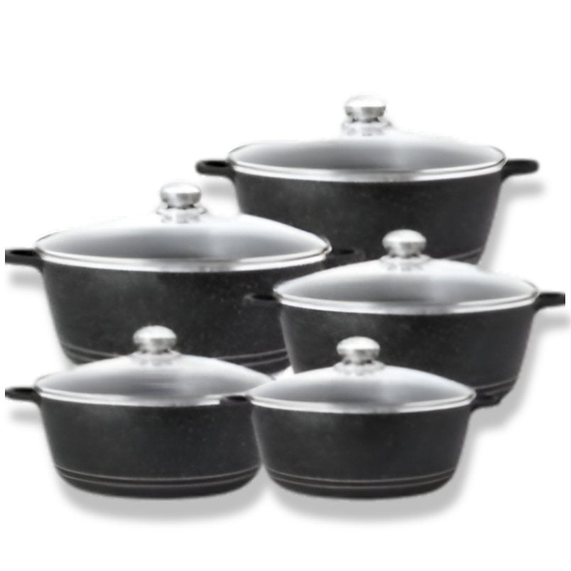 Huitich 10-piece nonstick cookware set with black pots and glass lids for versatile cooking