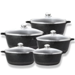 Huitich 10-piece nonstick cookware set with black pots and glass lids for versatile cooking