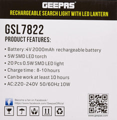 Geepas Gsl7822 Rechargeable Search Light With Lantern, Multicolour