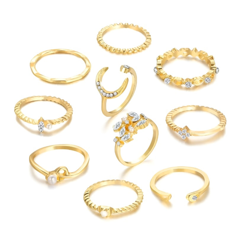 10 Pcs Multi-size Elegant Fashion Rings Set - Gold Heart and Irregular Designs