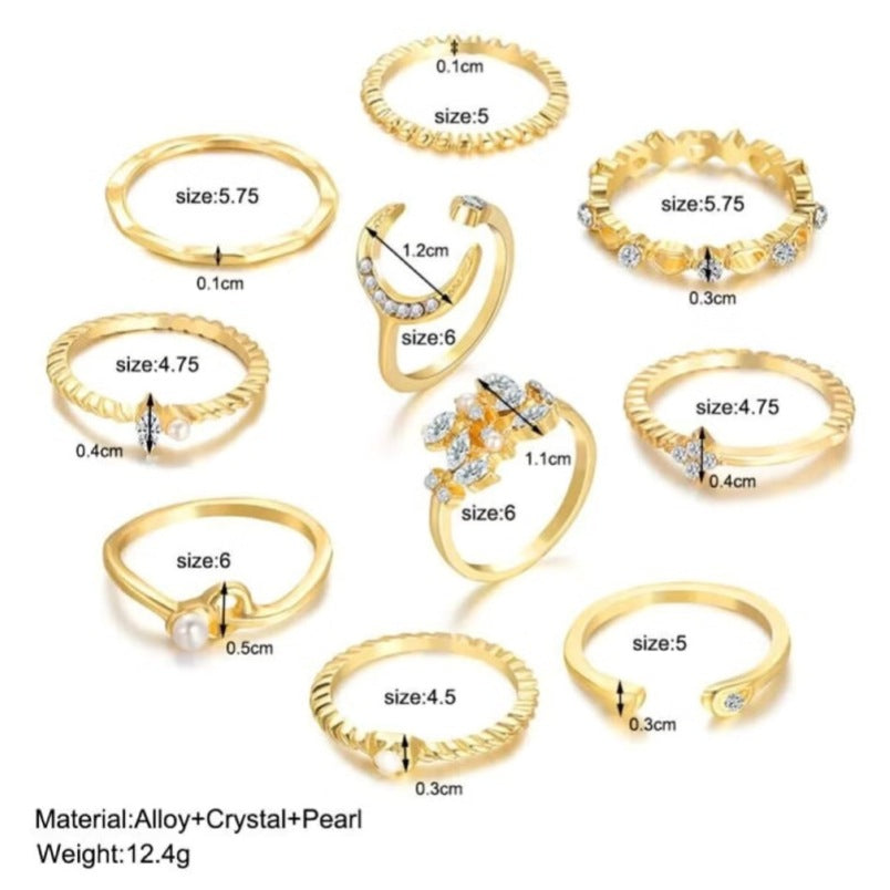 10 Pcs Multi-size Elegant Fashion Rings Set - Gold Heart and Irregular Designs