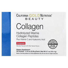 Collagen peptides supplement box label with pomegranate flavor, vitamin C & hyaluronic acid
