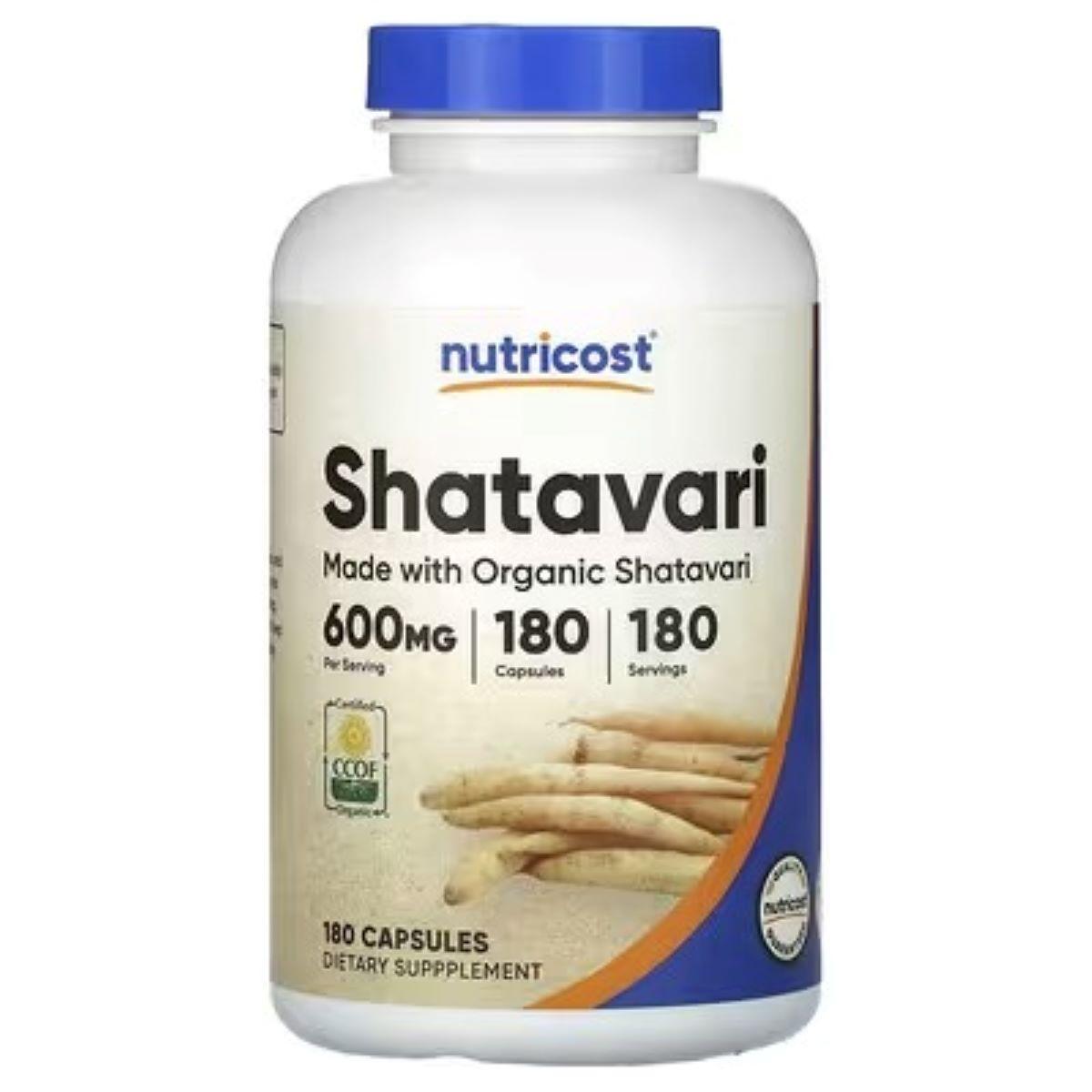 Nutricost Shatavari supplement bottle with blue cap and 600 mg label