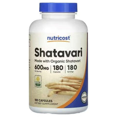 Nutricost Shatavari supplement bottle with blue cap and 600 mg label