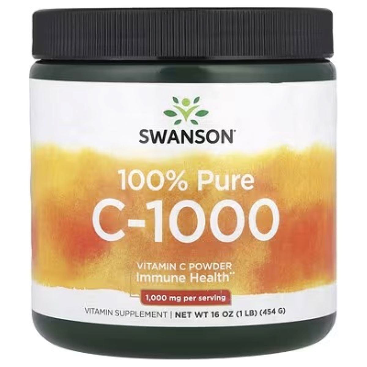 Swanson 100% Pure C-1000 vitamin C powder jar, front label with C-1000 text