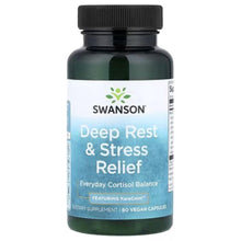 Swanson Deep Rest & Stress Relief bottle with black cap, front label, blue tint