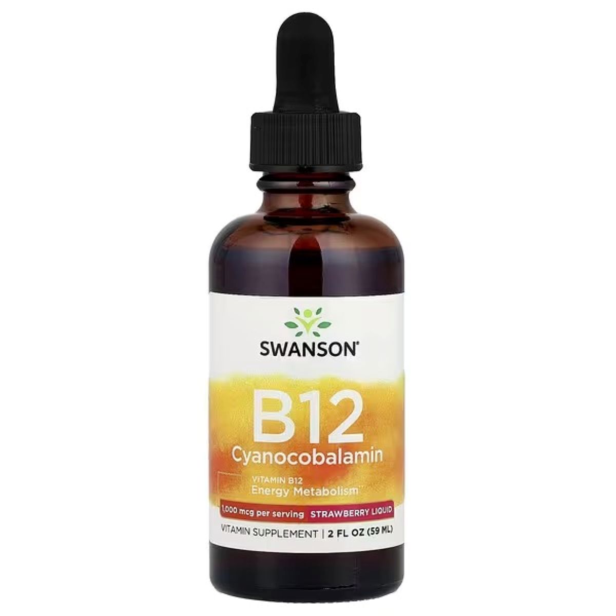 Swanson Vitamins Vitamin B12 Cyanocobalamin Liquid, Strawberry Flavor – 2 fl oz (59 ml) | Liquid B12 Supplement for Energy & Nervous System Support