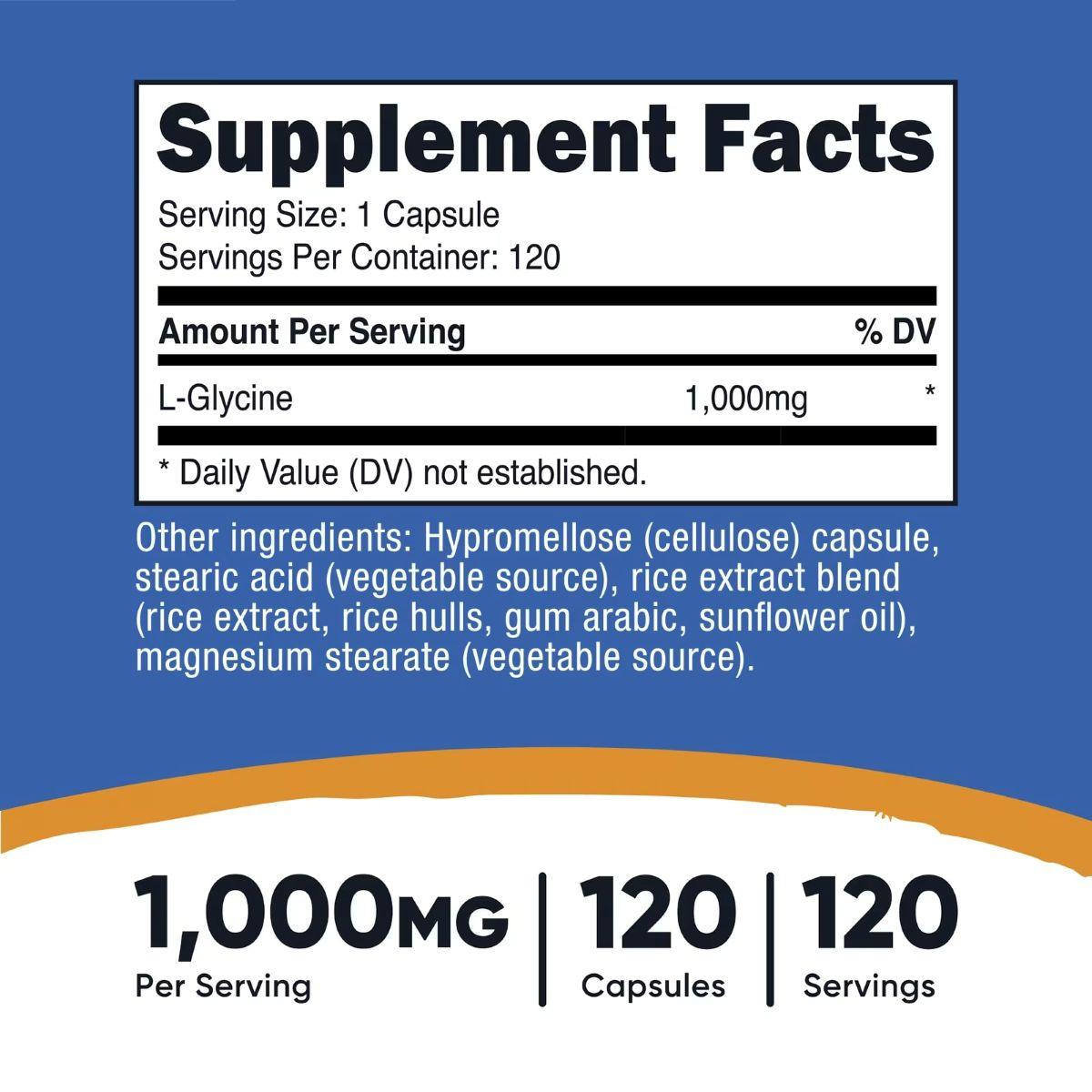 L-Glycine supplement facts panel showing serving size and 1,000 mg per capsule