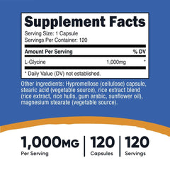 L-Glycine supplement facts panel showing serving size and 1,000 mg per capsule