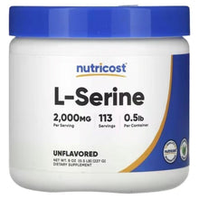 Nutricost L-Serine unflavored supplement powder jar, blue cap, front label