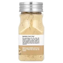 Organic ground ginger powder jar with back label and ingredient text