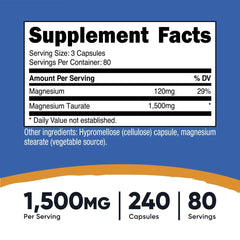 Supplement Facts label: serving size 3 capsules, 1,500mg magnesium taurate