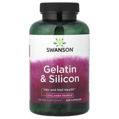 Swanson Gelatin & Silicon dietary supplement bottle, black cap, front label for hair and nail