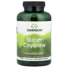 Swanson Super Cayenne herbal supplement bottle, dark green bottle with black cap.