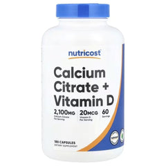 Nutricost Calcium Citrate + Vitamin D | Bone Support Supplement | Supports Strong Bones, Teeth & Muscle Function | 180 Capsules