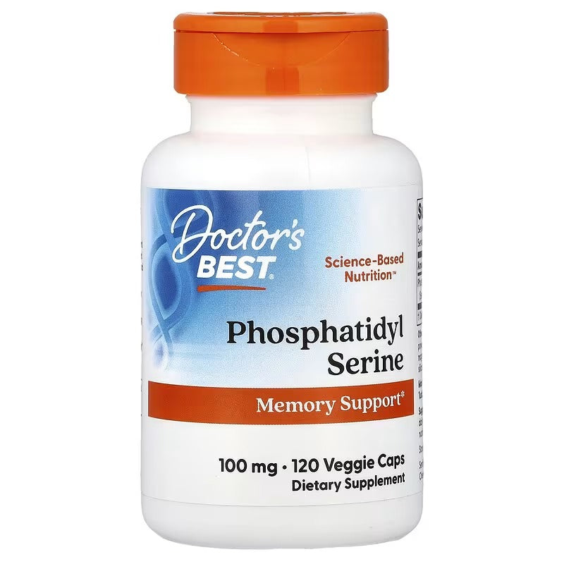 Phosphatidyl Serine supplement bottle with orange cap, 100 mg and 120 veggie caps