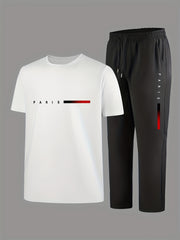 Men'S Casual Sports Two-Piece Set Short Sleeve Top Straight Leg Pants with Paris Print, Fashionable And Trendy, Ideal for Summer, Parties, Casual Outings, And Everyday Wear, Everyday Wear|Short Sleeve Top|Print Trousers