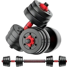 Adjustable dumbbell with stacked black plates and red-capped central handle