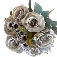 Huitich artificial 11 head Thai rose arrangement in soft beige with green leaves and small white flowers