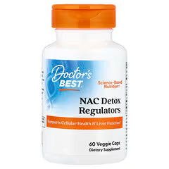 Dietary supplement bottle with orange cap, NAC Detox Regulators label, 60 veggie caps