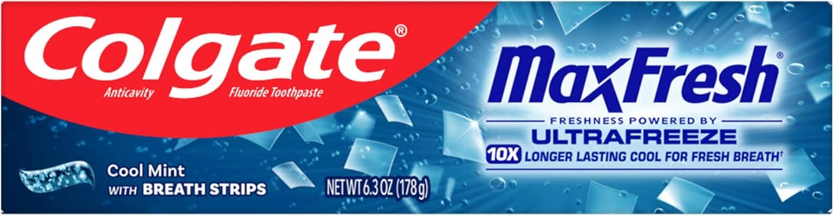 Colgate MaxFresh Cool Mint Toothpaste, Fresh Breath Toothpaste with Fluoride and Hundreds of Mini Breath Strips, Leaves Mouth Feeling Refreshed for Hours, 6.3 oz