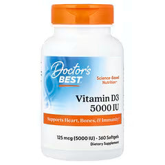 Vitamin D3 5000 IU softgels bottle, orange cap, 360 softgels, compact size.