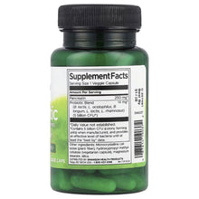 Probiotic supplement bottle with black cap; green back label shows Supplement Facts