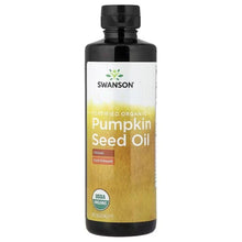Pumpkin seed oil supplement bottle with black cap, organic label front