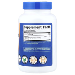 Magnesium orotate supplement bottle, Supplement Facts panel on blue label